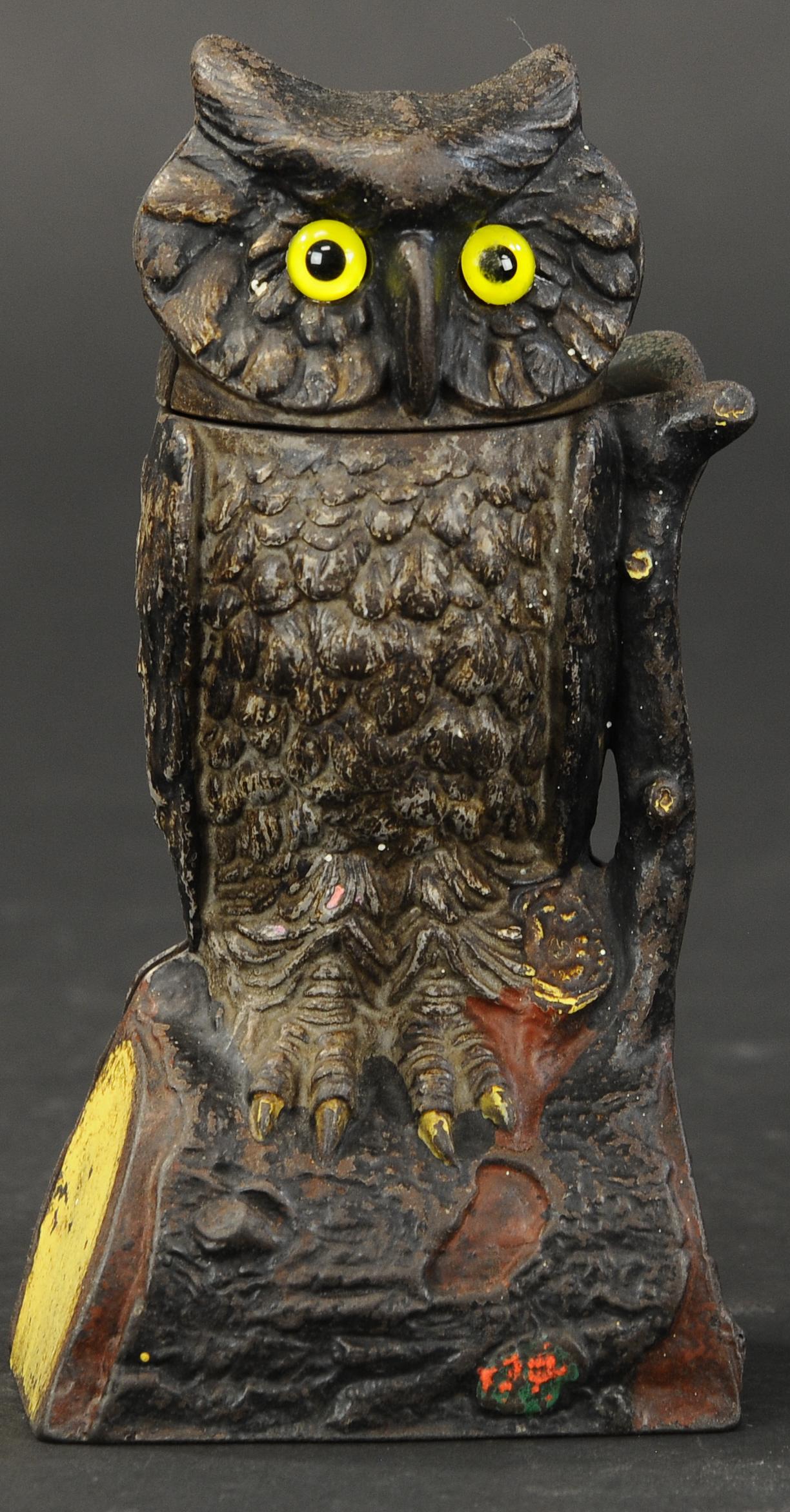 OWL TURNS HEAD MECHANICAL BANK: 2355. OWL TURNS HEAD MECHANICAL BANK | (Very Good Condition) | $300 - $500 | Provenance: Sam Downey Collection.