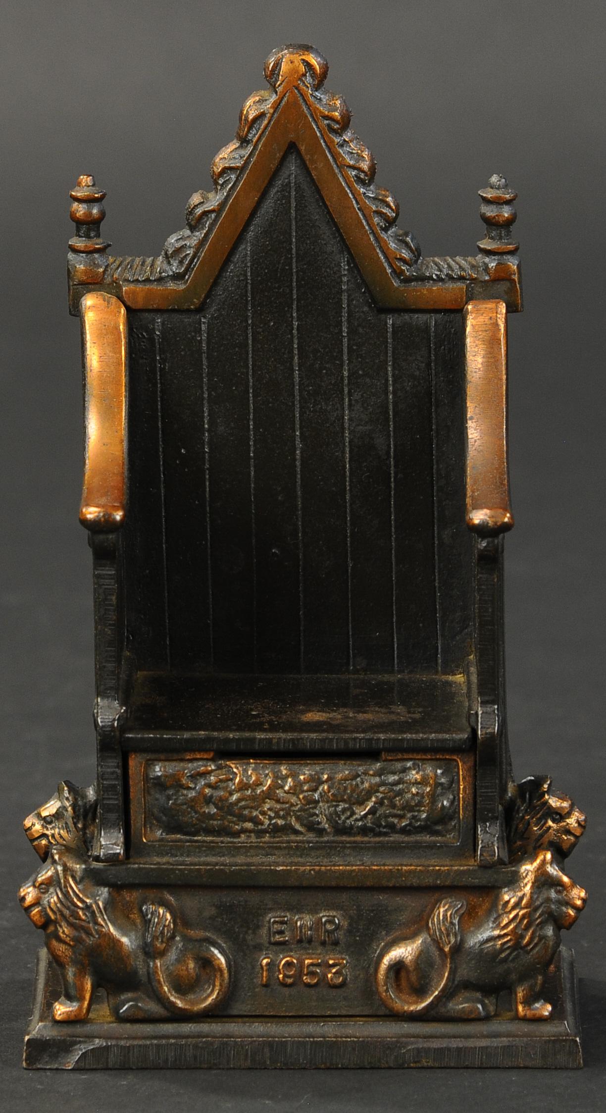 HARPER ENGLISH THRONE STILL BANK: 2362. HARPER ENGLISH THRONE STILL BANK | 8.5" h. | (Excellent Condition) | $100 - $200 | Provenance: Sam Downey Collection.