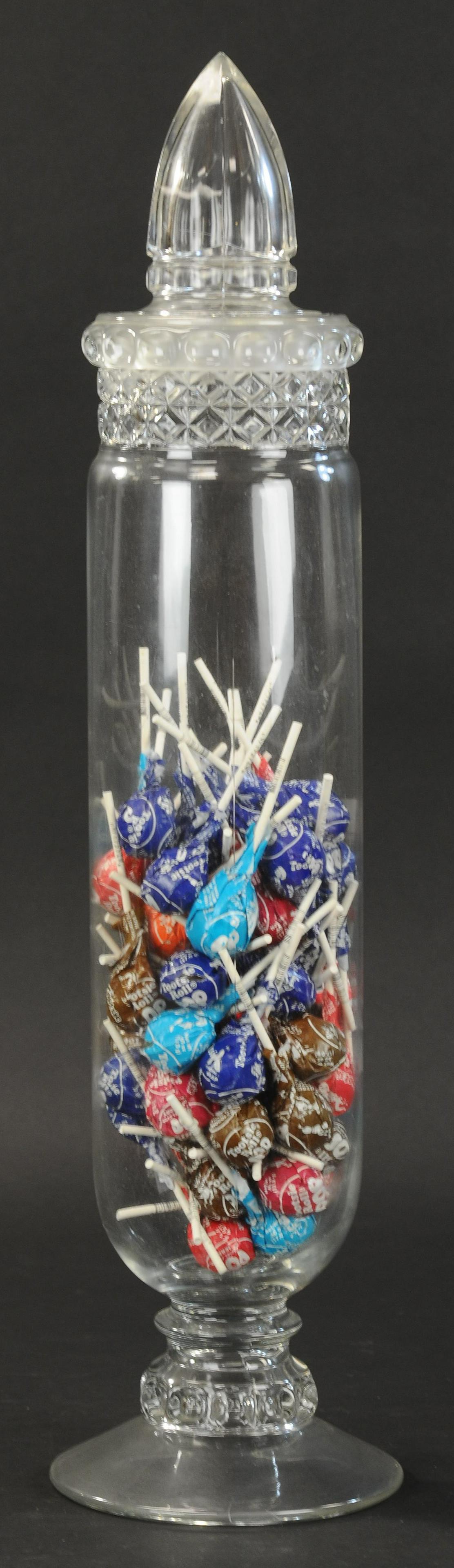 TALL CATHEDRAL CANDY JAR: 2380. TALL CATHEDRAL CANDY JAR | Ground top glass, country store counter top display, candy container, a very impressive size. 27" h. | Minor chip to lid & inside top, (VG-Exc. Cond.) | $250 - $500 | 
