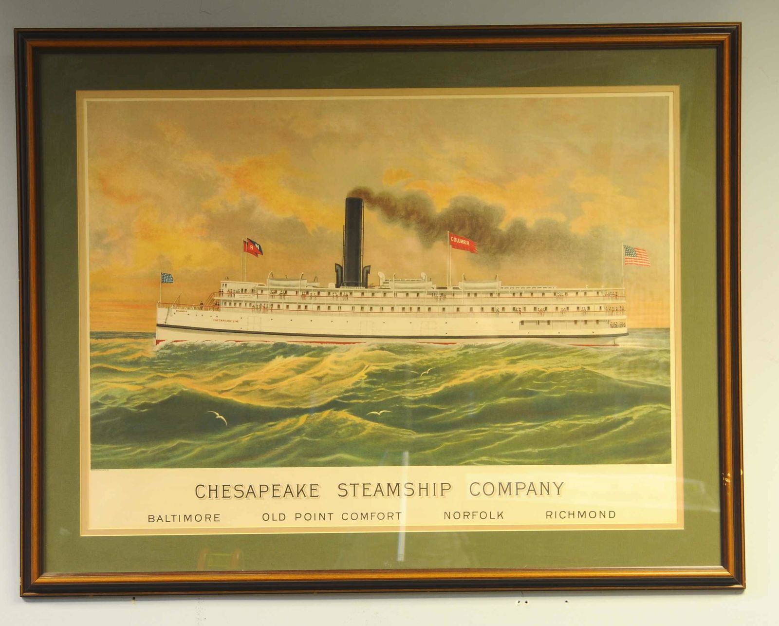 CHESAPEAKE STEAM SHIP COMPANY SIGN: 2399. CHESAPEAKE STEAM SHIP COMPANY SIGN | Framed paper litho showing the steamship "Columbia," has good strong colors and great detail. Image 34" x 25" | (Excellent Condition) | $800 - $1,400 | Prove