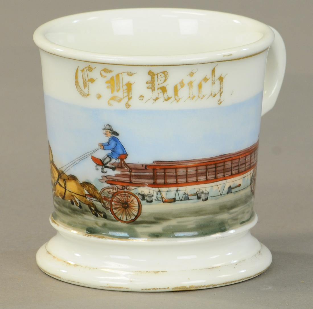 HORSE DRAWN HOOK AND LADDER WAGON MUG: 2421. HORSE DRAWN HOOK AND LADDER WAGON MUG | Full illustration with good details. No damage 25% gold loss. | As Noted. | $400 - $600 | Provenance: Sam Downey Collection.