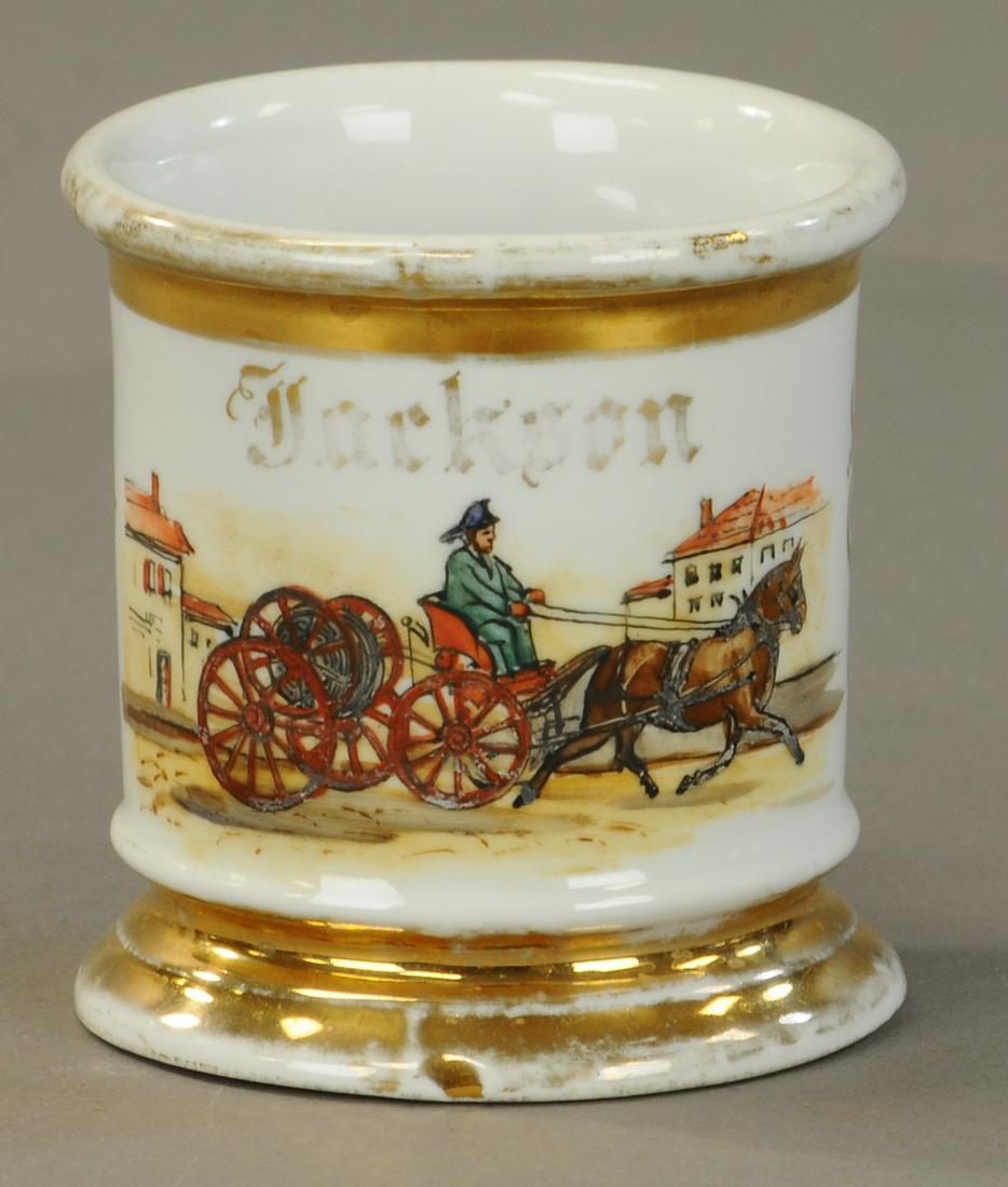 HORSE DRAWN FIRE HOSE REEL MUG: 2431. HORSE DRAWN FIRE HOSE REEL MUG | Hose cart. No damage , 30% gold loss. | As Noted. | $250 - $300 | Provenance: Sam Downey Collection.
