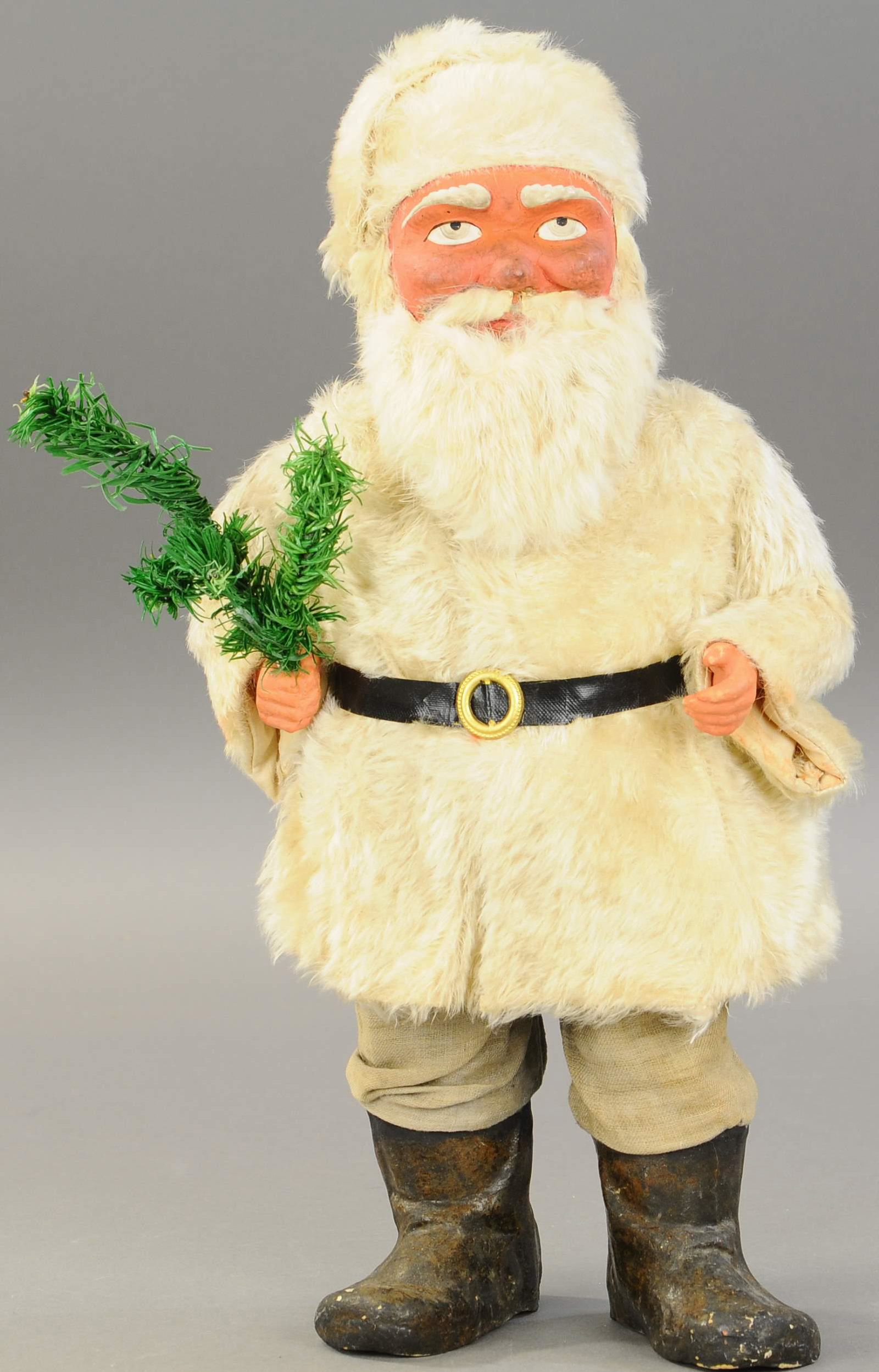 WHITE FUR ROBE SANTA NODDER: 2569. WHITE FUR ROBE SANTA NODDER | Large, stocky looking Santa Claus in white fur robe, composition w/rabbit fur beard & hair, white wooly cap w/blue distant looking eyes. 19.5" h. | May have been re