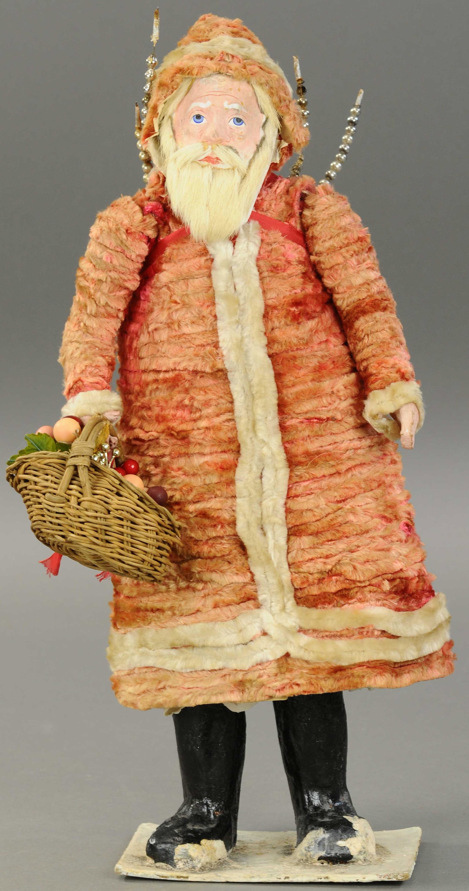 HARD TO FIND CHENILLE SANTA CLAUS: 2598. HARD TO FIND CHENILLE SANTA CLAUS | Composition face w/rabbit fur beard, movable arms and great looking back-pack with toys. 19" h. | (Very Good Cond.) | $500 - $1,000