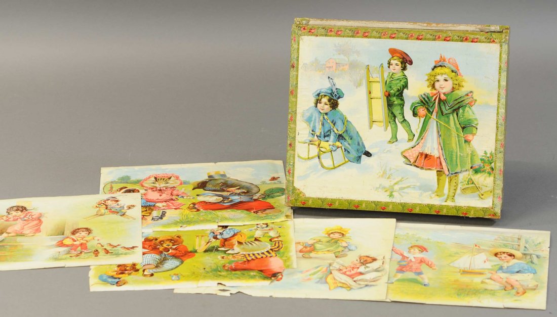BOXED CHILDREN'S BLOCK SET: 2627. BOXED CHILDREN'S BLOCK SET | Paper litho on wood, wonderful winter scene w/children on box cover, makes six different puzzles. | 13" & 11". | (VG-Exc. Cond.) | 250 - 500