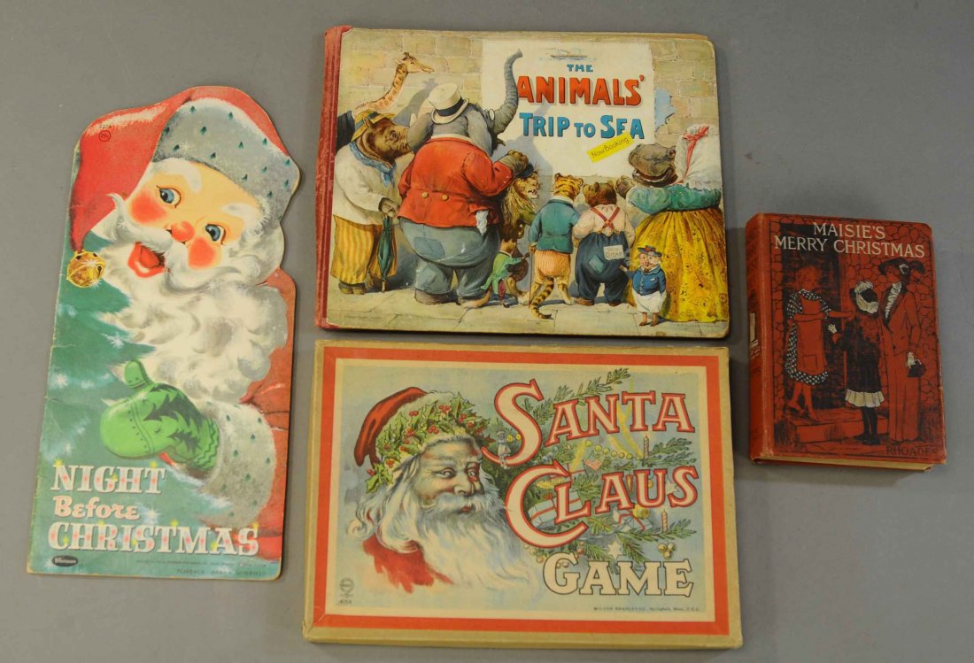 SANTA CLAUS GAME & THREE CHILDREN'S BOOKS: 2628. SANTA CLAUS GAME & THREE CHILDREN'S BOOKS | Milton Bradley Santa game, no playing pieces, two Christmas books, and a "Animals Trip to the Sea" book with 11 color illustrations. | Game 12", books
