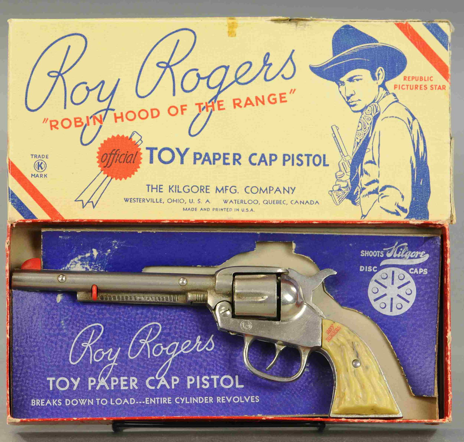 BOXED KILGORE ROY ROGERS CAP PISTOL: 99. BOXED KILGORE ROY ROGERS CAP PISTOL | 10" l. | Box has some taping, Gun is in (Exc. Cond.) | $75 - $150