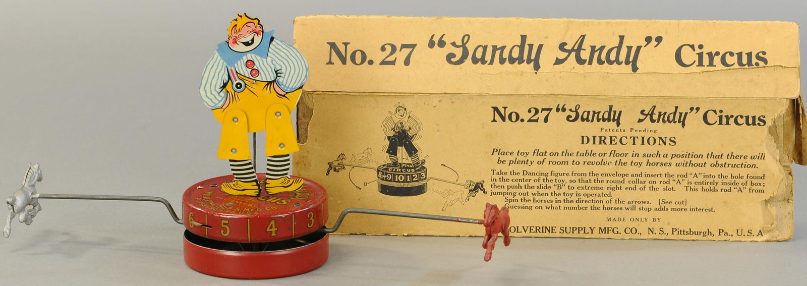 WOLVERINE SANDY ANDY CIRCUS W/ BOX: 80. WOLVERINE SANDY ANDY CIRCUS W/ BOX | 14" x 7" | Box in overall (VG Cond.), toy in (Exc. Cond.) | $250 - $500