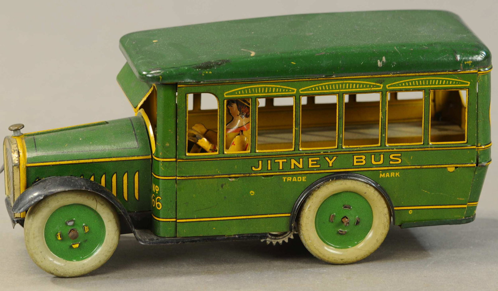 STRAUSS JITNEY BUS: 137. STRAUSS JITNEY BUS | 10" l. | Mechanism is inoperative, otherwise in All Original Condition. | $300 - $600