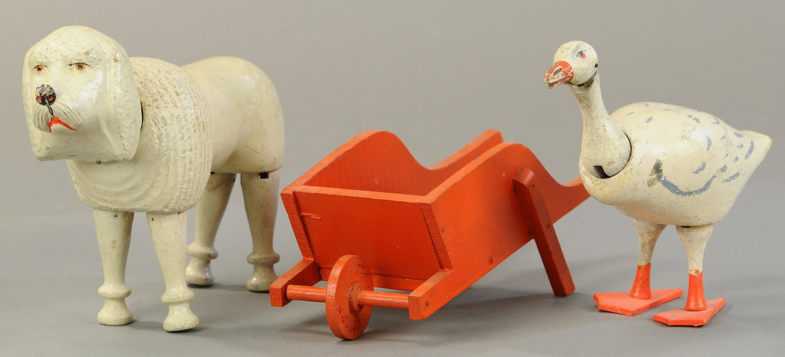 SCHOENHUT FARM ANIMALS - POODLE & GOOSE: 212. SCHOENHUT FARM ANIMALS - POODLE & GOOSE | 6.5" - 9" l. | All Original Condition. | $200 - $400