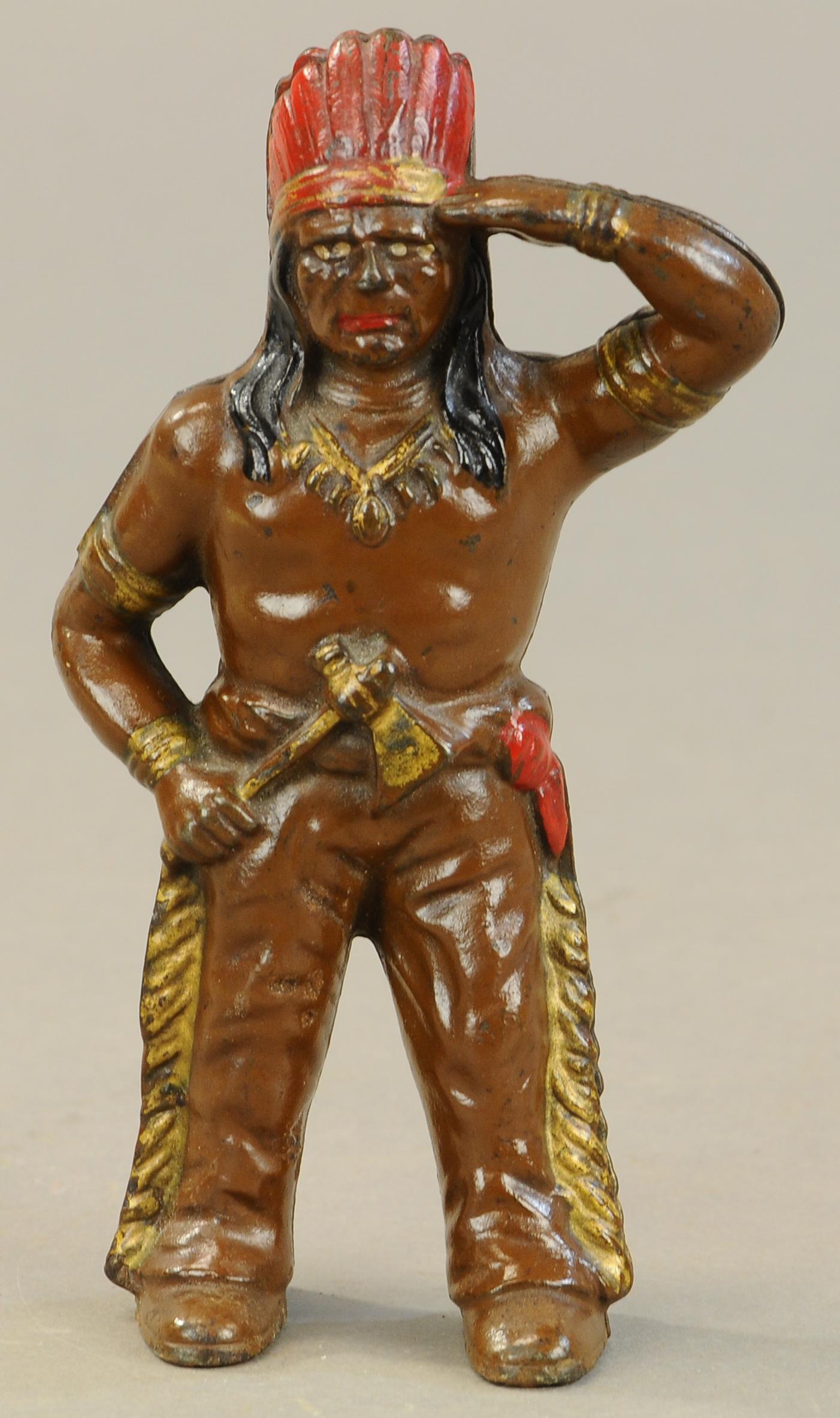 HUBLEY INDIAN W/TOMAHAWK STILL BANK: 97. HUBLEY INDIAN W/TOMAHAWK STILL BANK | 6" h. | All Original Condition. | $250 - $500