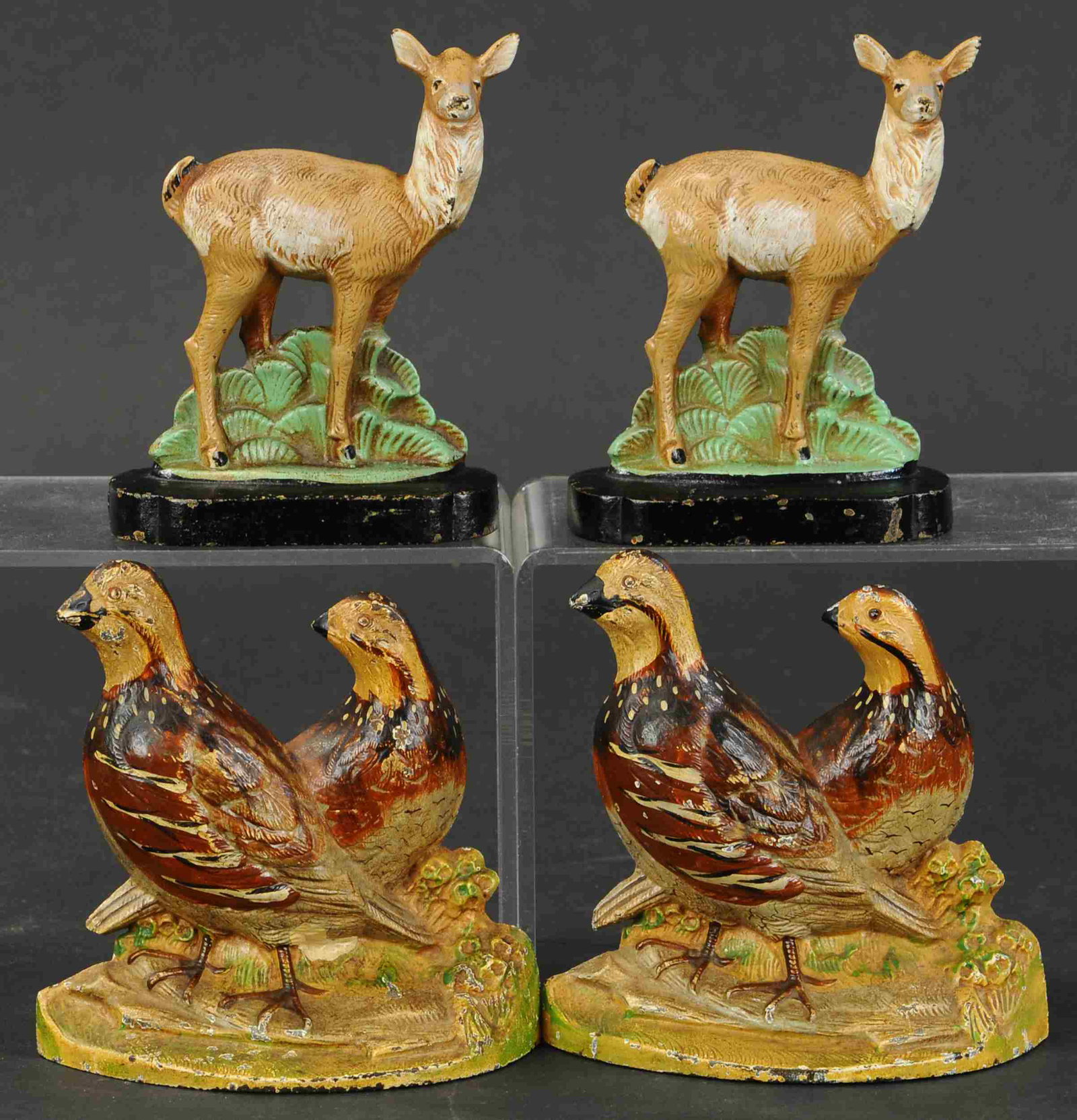 HUBLEY QUAIL & DEER BOOKENDS: 183. HUBLEY QUAIL & DEER BOOKENDS | Pair of quail bookends that match the doorstop and a pair of full figured deer bookends. 5" - 6" h. | (Pristine Condition). | $200 - $300