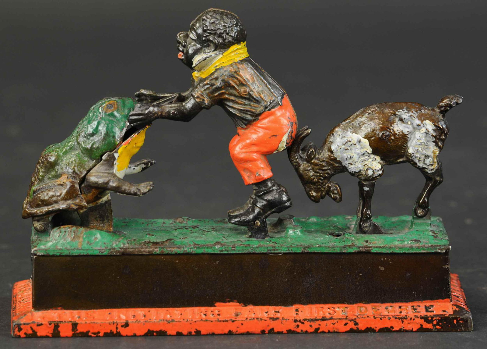 INITIATING FIRST DEGREE MECHANICAL BANK: 195. INITIATING FIRST DEGREE MECHANICAL BANK | Mechanical Novelty Works, CT, interesting design with unusual theme reportedly inspired by early men's organizational practices, a good action bank. Prov