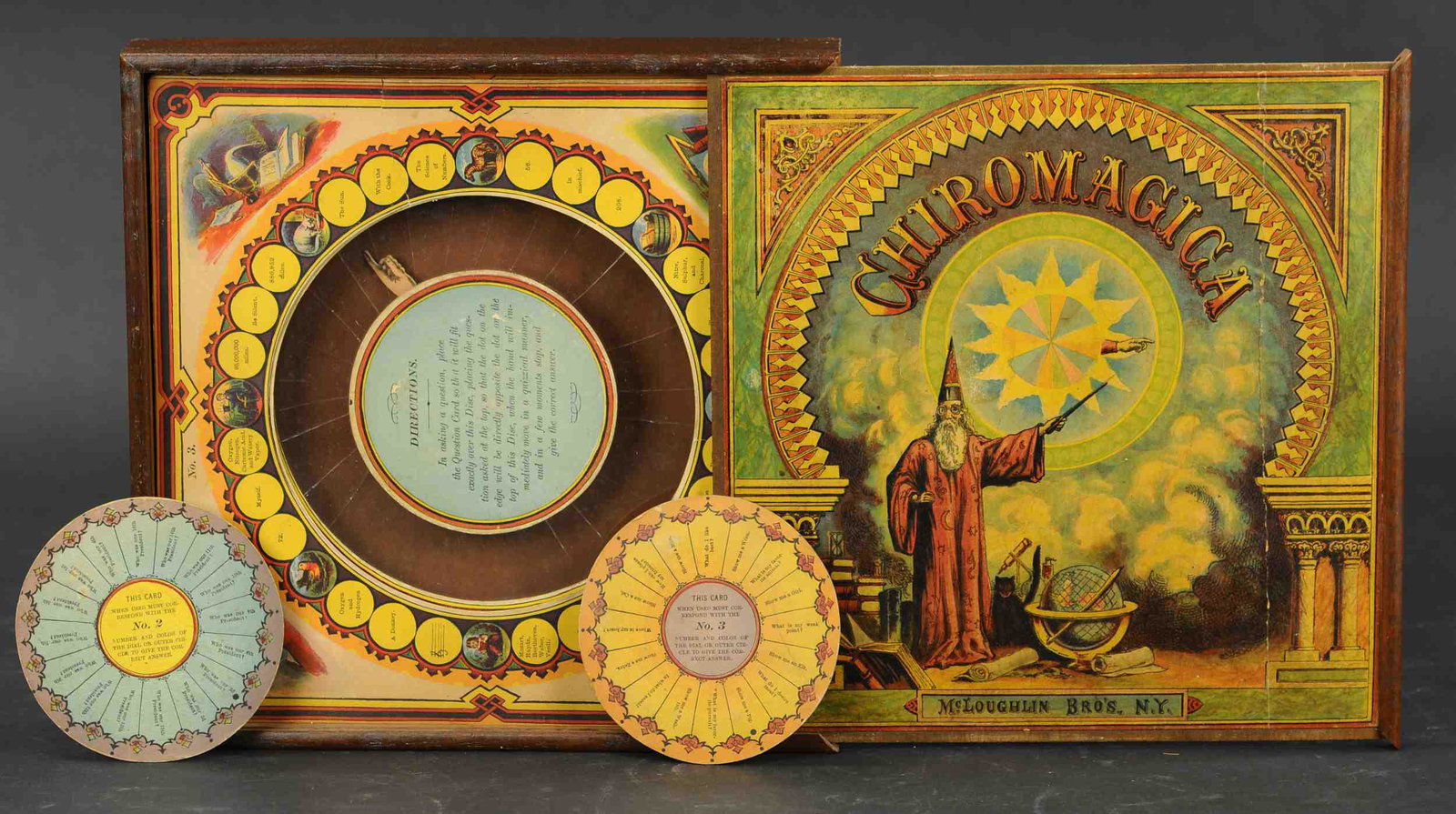 MCLOUGHLIN BROS. CHIROMAGICA GAME: 445. MCLOUGHLIN BROS. CHIROMAGICA GAME | A Chiromagica Wizard game, paper lithographed box, two cards are used to ask the Wizard questions. 11.5" | Old split to lid, otherwise (Very Good to Excellent 