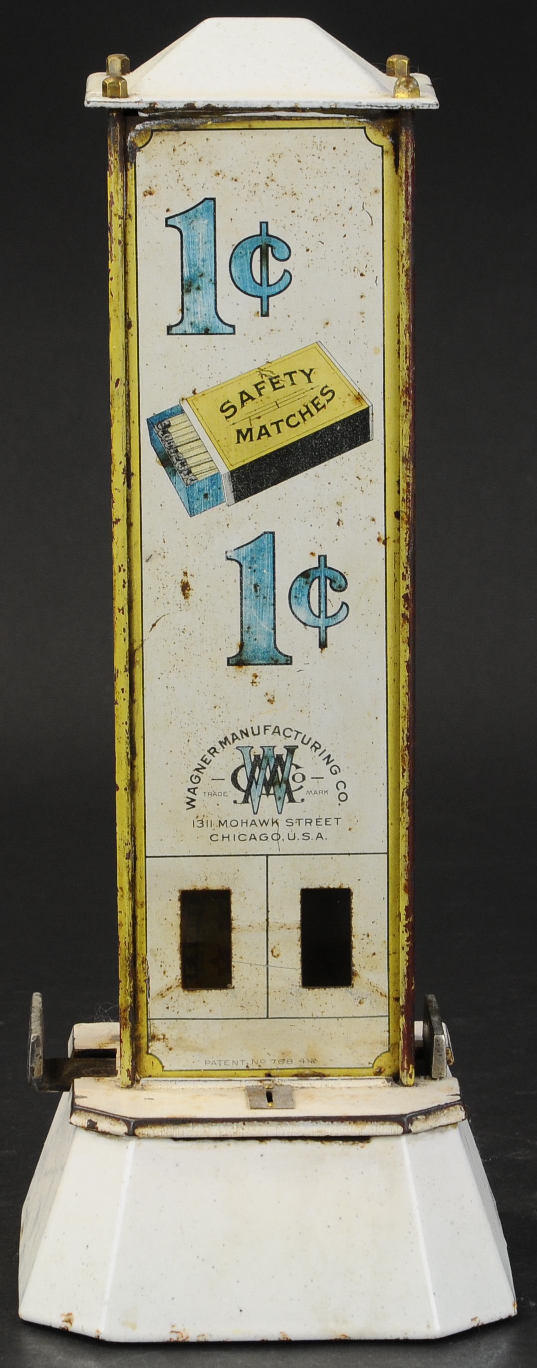 ONE CENT MATCH MACHINE: 458. ONE CENT MATCH MACHINE | Wagner Manufacturing Co. Safety Matcher machine, in working condition. 16" h. | Some overall wear, (Good Condition) | $150 - $250