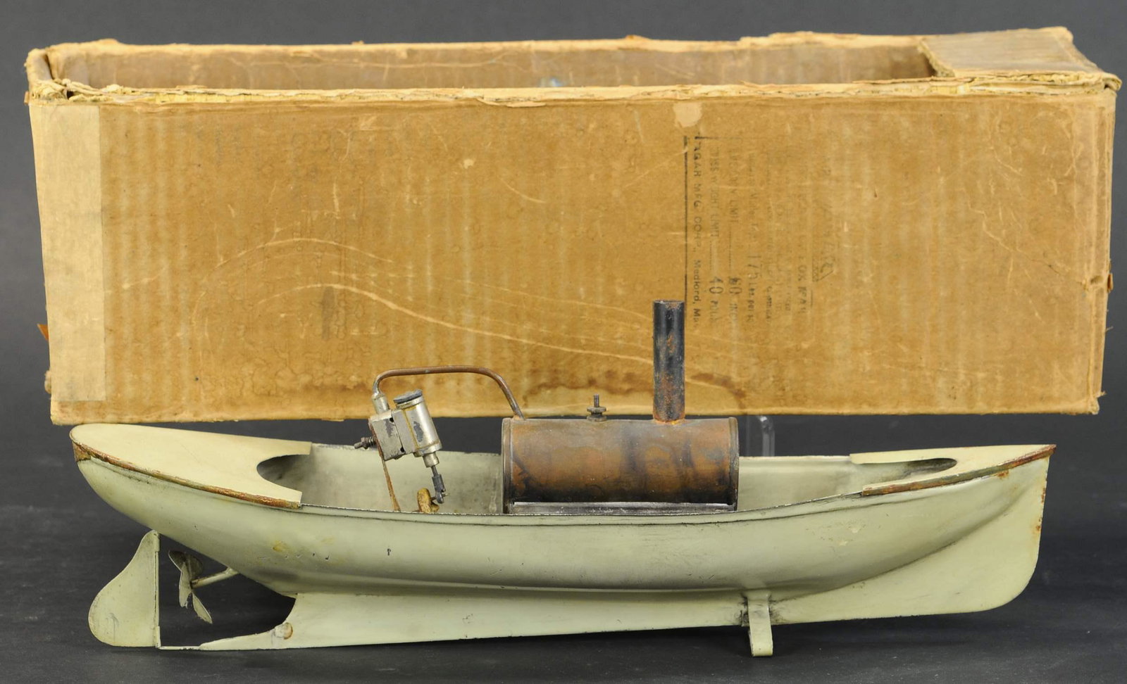 BOXED WEEDEN NO 2 STEAM BOAT: 1196. BOXED WEEDEN NO 2 STEAM BOAT | 16" l. | Sides are touched up, overall (Very Good to Excellent Condition) | $800 - $1,000