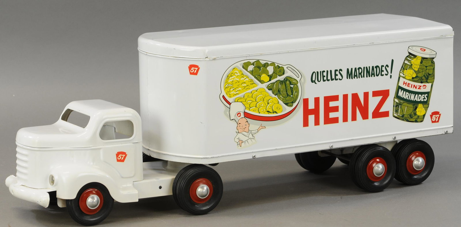 MININITOYS CO CANADA HEINZ 57 TRACTOR TRAILER: 5. MININITOYS CO CANADA HEINZ 57 TRACTOR TRAILER | 28.5" l. | Repainted. | $150 - $300