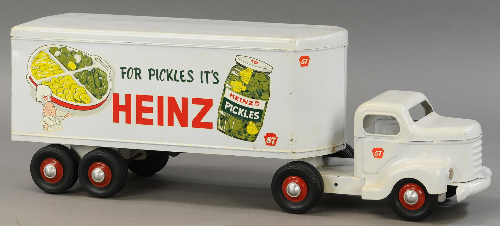 MININITOYS CO CANADA HEINZ 57 TRACTOR TRAILER: 6. MININITOYS CO CANADA HEINZ 57 TRACTOR TRAILER | 28.5" l. | All Original Condition. | $200 - $400