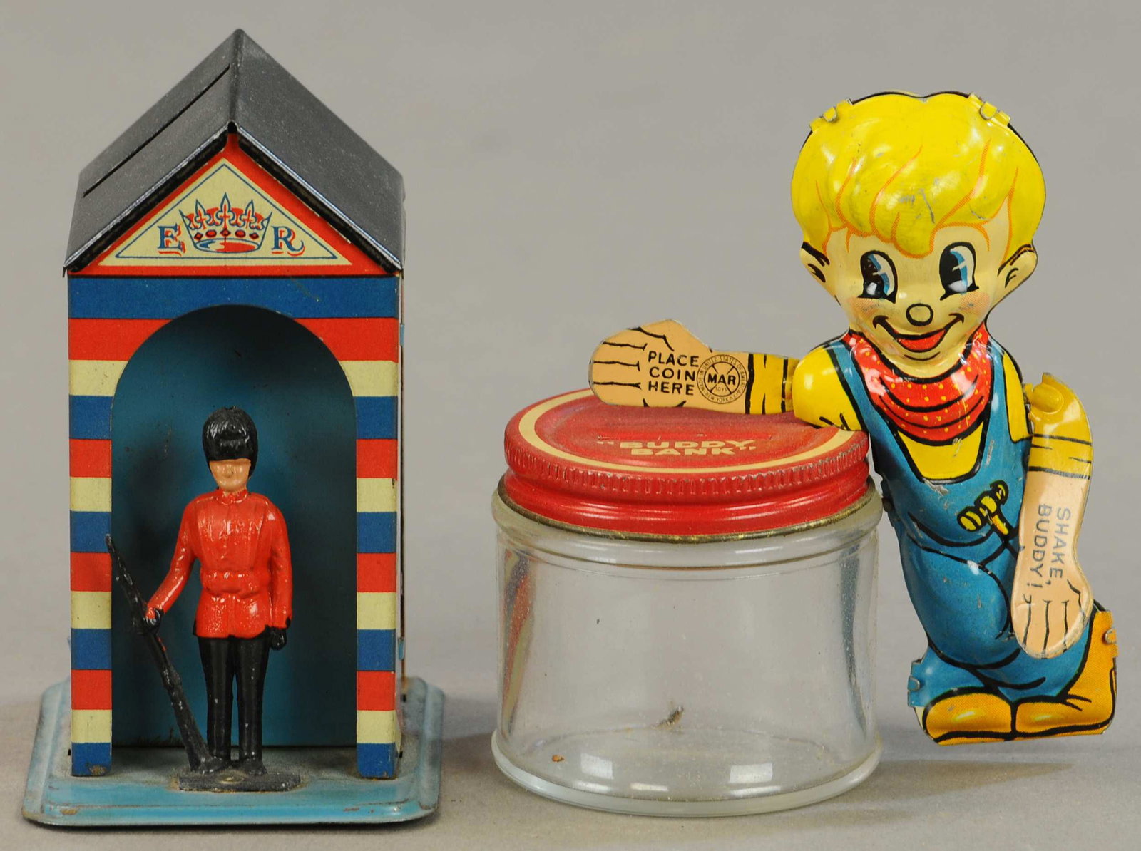 BUDDY BANK & SENTRY TIN BANKS: 94. BUDDY BANK & SENTRY TIN BANKS | 4.5" h. | Overall in (Ex. - Pristine Cond.) | $150 - $300