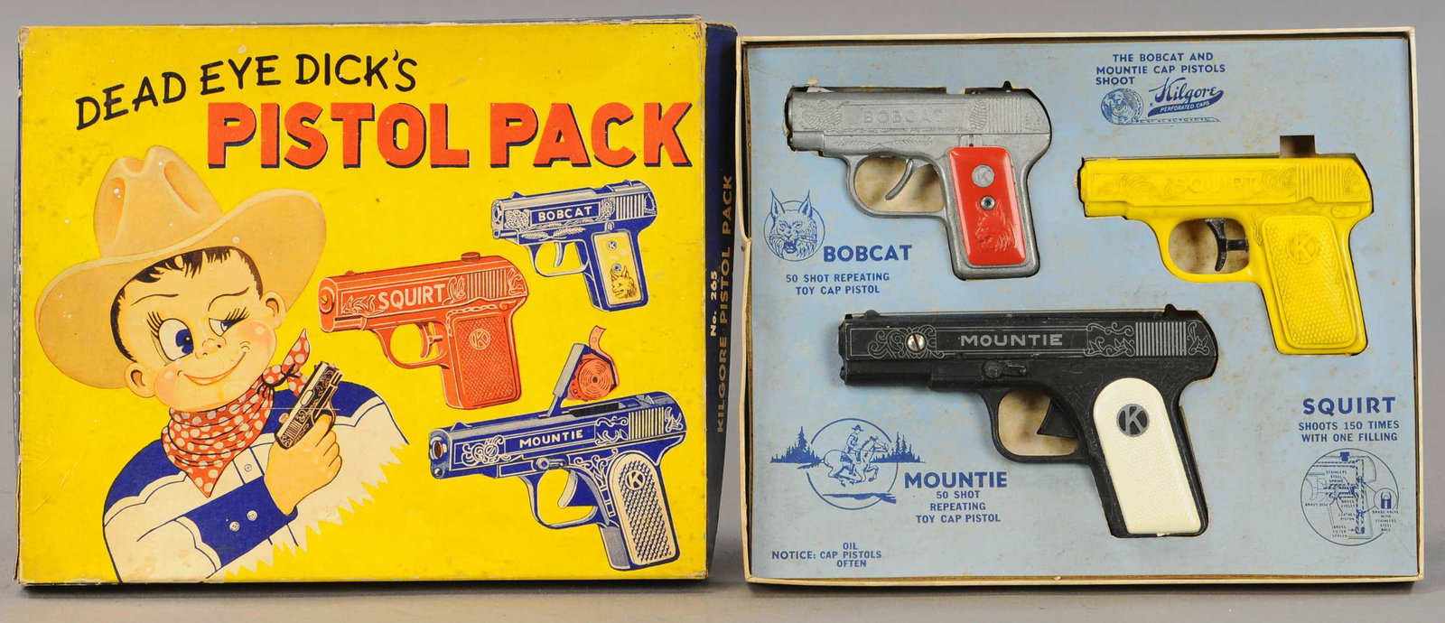 BOXED KILGORE DEAD EYE DICK PISTOL PACK: 278. BOXED KILGORE DEAD EYE DICK PISTOL PACK | 10.5" l. | Separation of side flaps on box, otherwise in All Original Condition. | $150 - $300