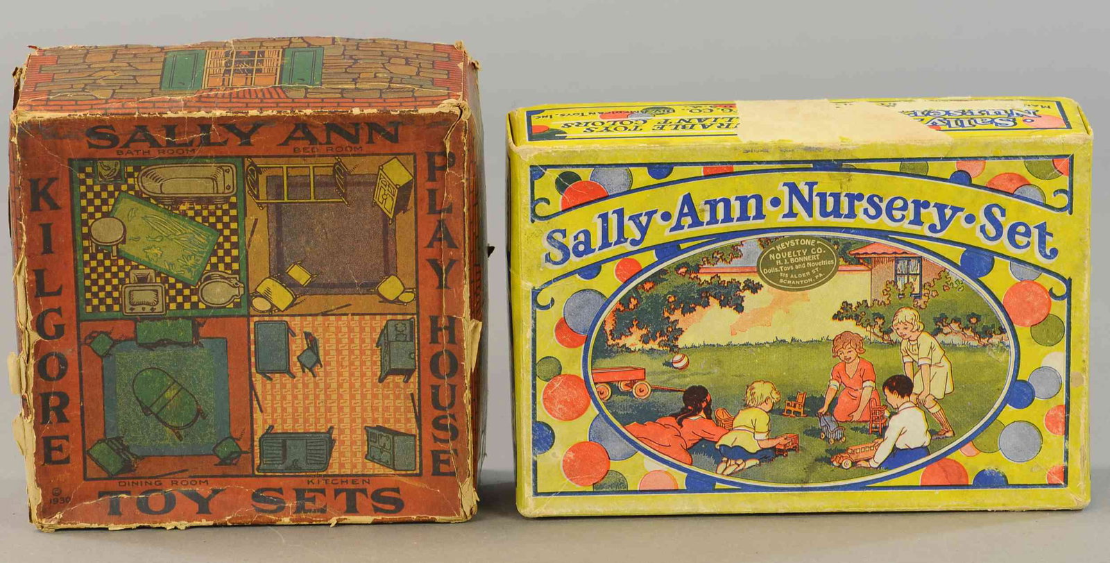TWO KILGORE SALLY ANN PLAYSET BOXES: 308. TWO KILGORE SALLY ANN PLAYSET BOXES | 7" - 9" l. | Tractor box has some tears and distress. | $125 - $250