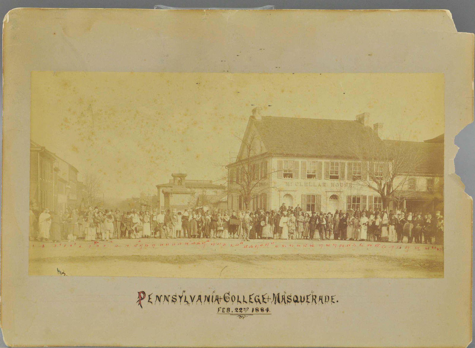 PENNYSYLVANIA COLLAGE MASQUERADE PHOTO: 430. PENNYSYLVANIA COLLAGE MASQUERADE PHOTO | Taken in front of the famous "McClellan House Tavern in Philadelphia. | 14" w. | (Good Cond.) | $50 - $100