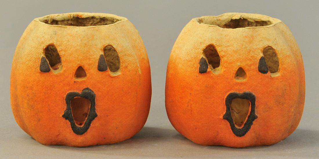 TWO SMALL JACK-O-LANTERNS: 434. TWO SMALL JACK-O-LANTERNS | 3.5" h. | Missing face inserts, (Good Cond.) | $50 - $100
