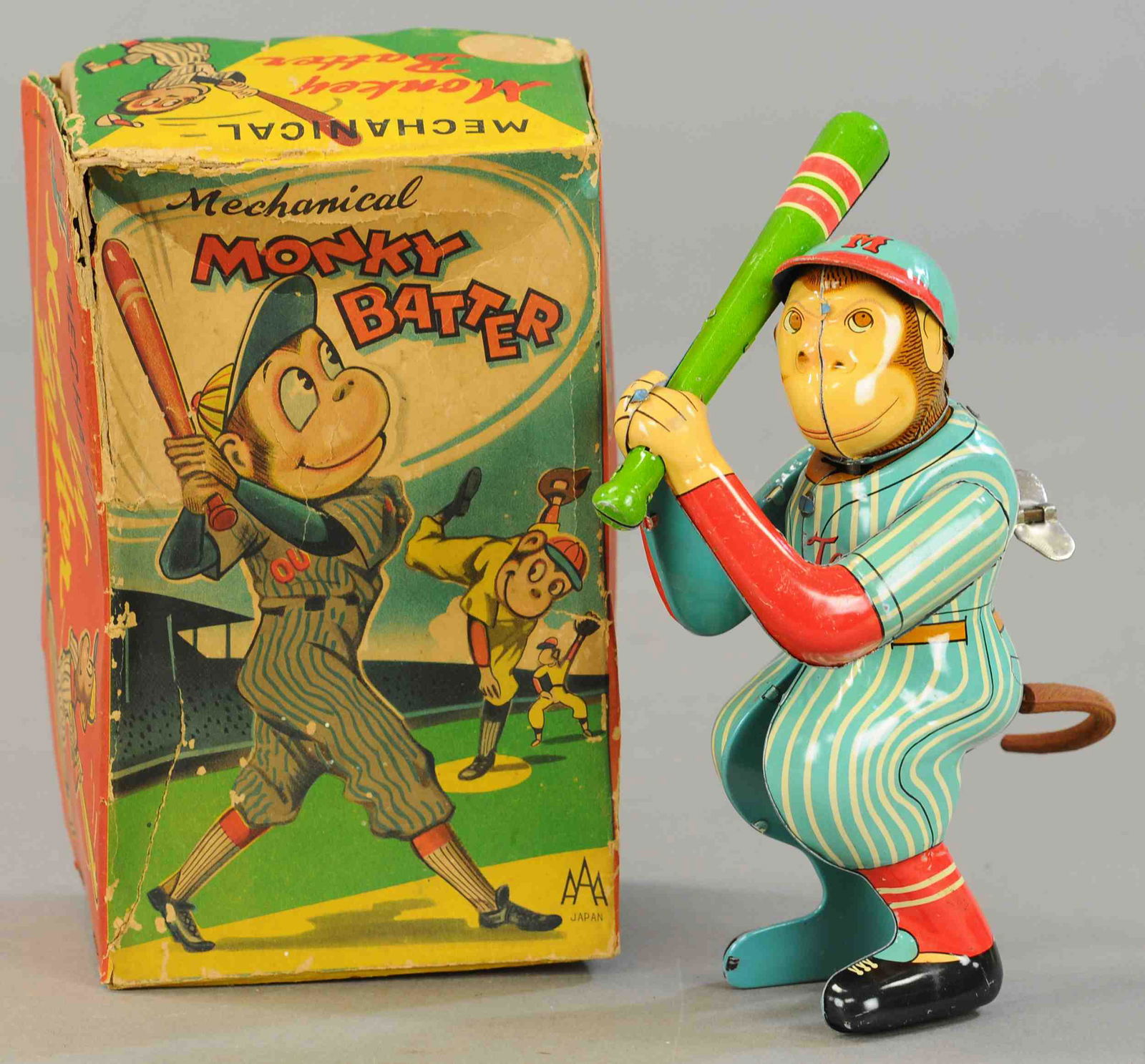 BOXED SANEI MONKEY BATTER - JAPAN: 79. BOXED SANEI MONKEY BATTER - JAPAN | 7" h. | Box is distressed, toy working in All Original Condition. | $250 - $500