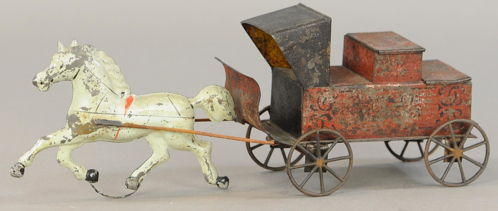 GEORGE BROWN YANKEE NOTIONS WAGON: 195. GEORGE BROWN YANKEE NOTIONS WAGON | 12" l. | Horse is restored, otherwise All Original Condition. | $300 - $600