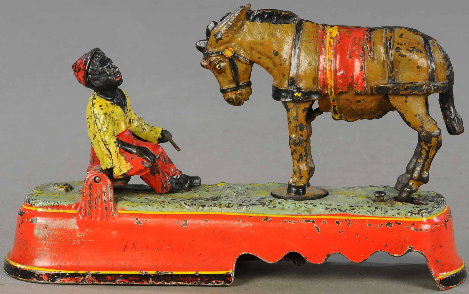 SPISE A MULE MECHANICAL BANK: 364. SPISE A MULE MECHANICAL BANK | 10" l. | All Original Condition. | $300 - $600