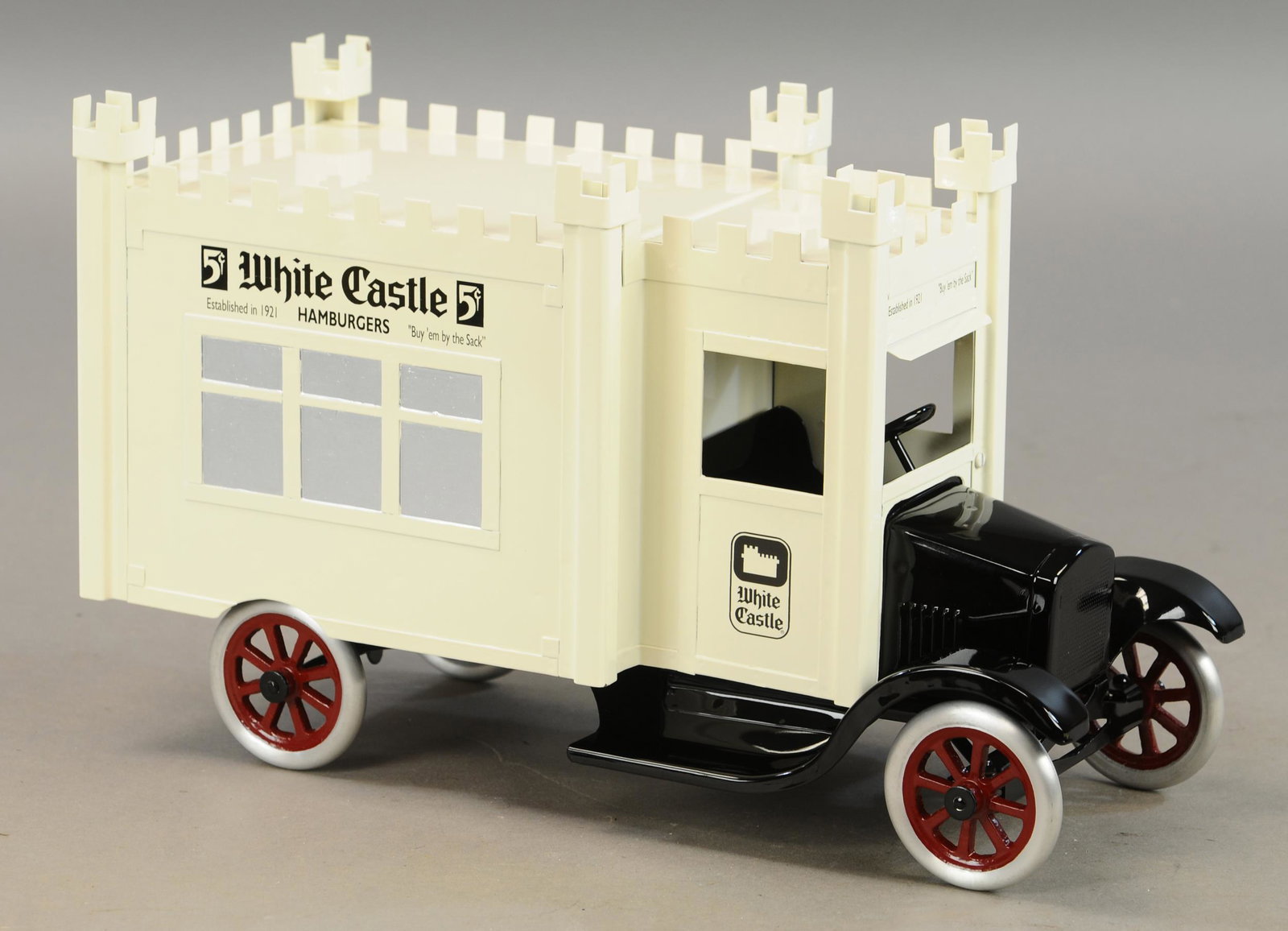 BUDDY L COWDERY FLIVVER WHITE CASTLE TRUCK: 716. BUDDY L COWDERY FLIVVER WHITE CASTLE TRUCK | 16" l. | Contemporary, Near Mint. | $250 - $500
