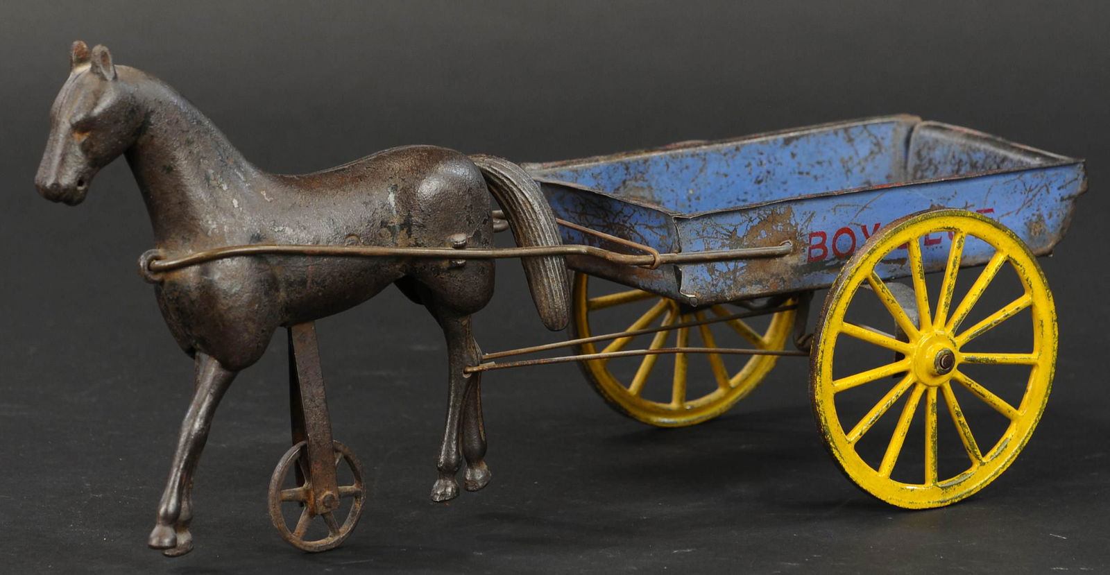 IVES BOY BLUE ARTICULATED HORSE CART: 33. IVES BOY BLUE ARTICULATED HORSE CART | 15" l. | (Very Good to Excellent Condition) | $300 - $500