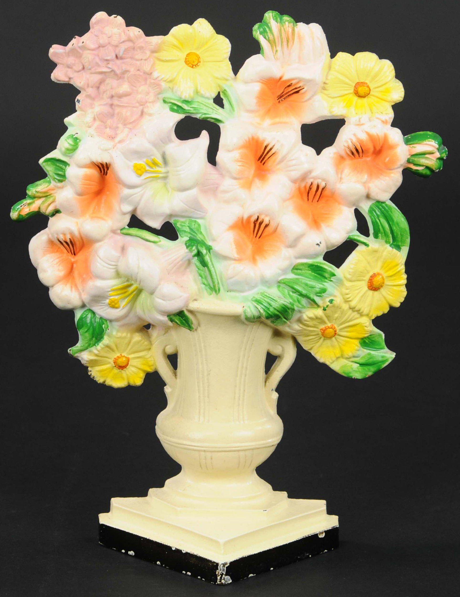 GLADIOLAS IN VASE DOORSTOP: 312. GLADIOLAS IN VASE DOORSTOP | Hubley, "489", bright and bountiful vase full of fresh budding gladiola flowers. | 10" h. | (Near Mint Condition) | $150 - $300
