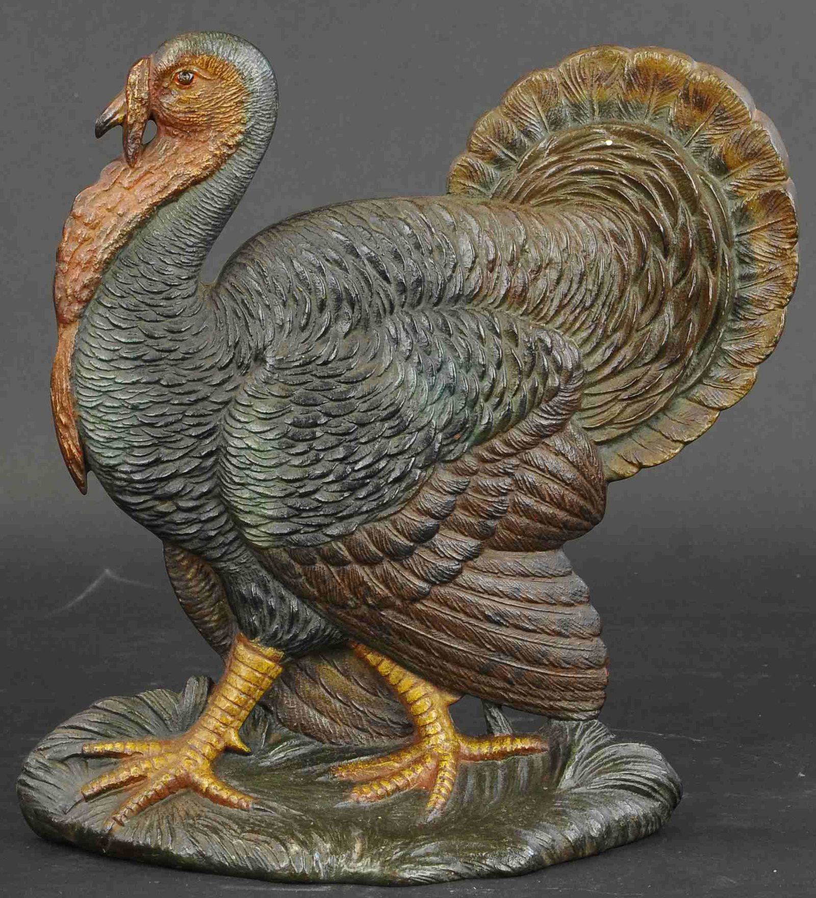 BRADLEY & HUBBARD TURKEY DOORSTOP: 318. BRADLEY & HUBBARD TURKEY DOORSTOP | Beautifully painted, includes two rubber stops at rear. | 13" h. | (Pristine Condition) | $2,000 - $4,000