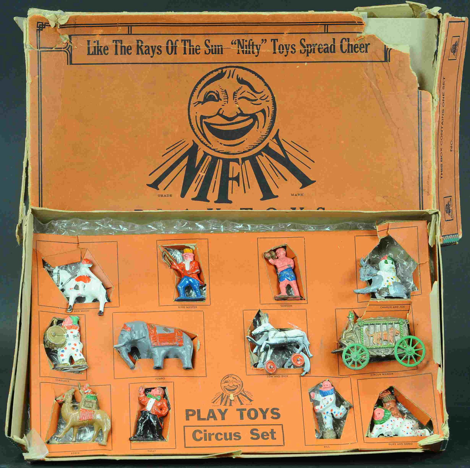 BOXED NIFTY PLAY TOYS LEAD CIRCUS SET: 346. BOXED NIFTY PLAY TOYS LEAD CIRCUS SET | Complete set of lead circus figures in original German manufacturers box, | 4" l. | Box has tears throughout, toys in (Excellent Condition) | $600 - $1,000