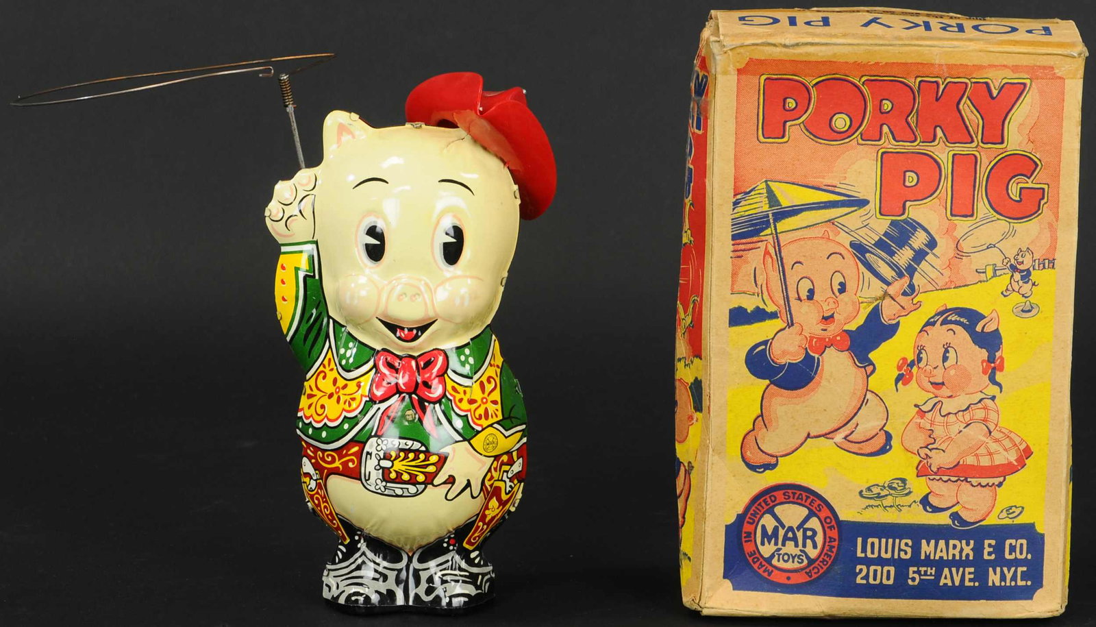BOXED MARX PORKY PIG COWBOY: 388. BOXED MARX PORKY PIG COWBOY | 8" h. | Box is in (Very Good Condition), toy in (Pristine Condition) | $300 - $500