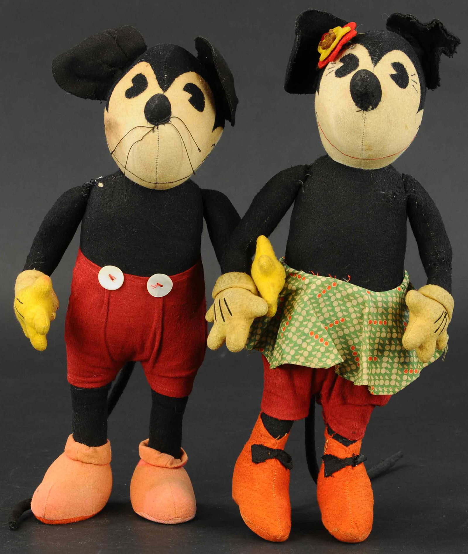 CLOTH MICKEY AND MINNIE MOUSE: 405. CLOTH MICKEY AND MINNIE MOUSE | 14" h. | Arms showing re-stitching, overall in (Excellent Condition) | $400 - $600