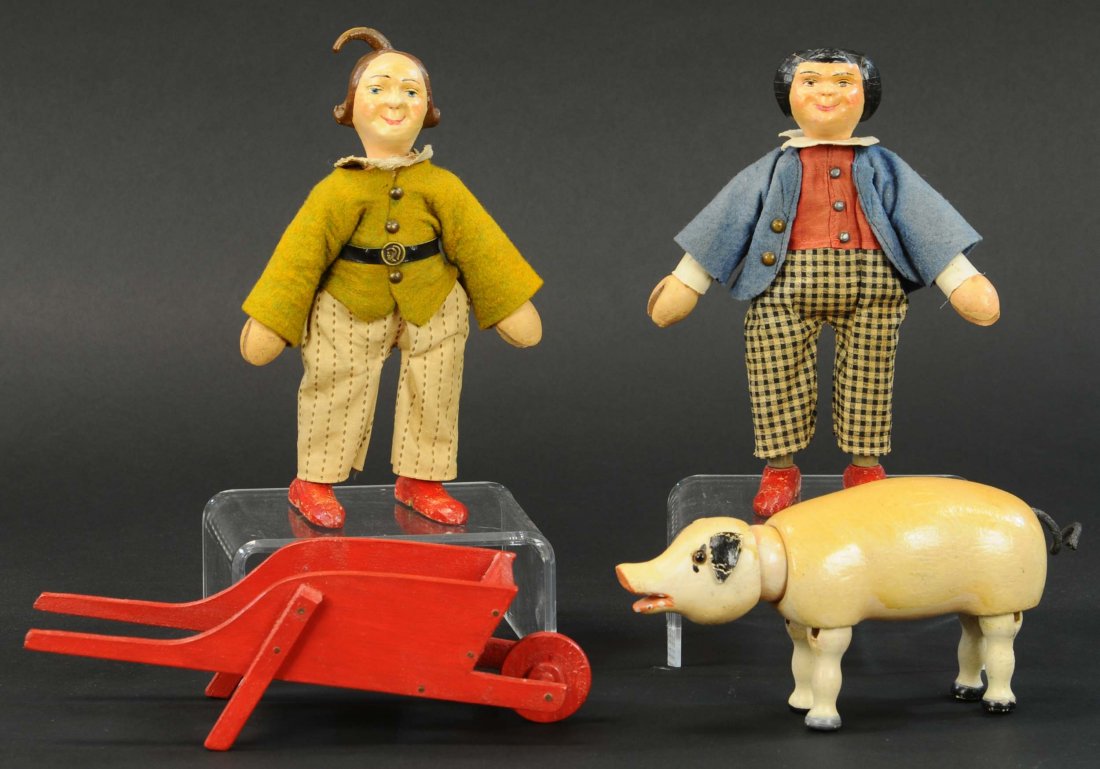 SCHOENHUT MAX AND MORITZ FIGURES: 430. SCHOENHUT MAX AND MORITZ FIGURES | Lot includes glass-eyed pig and wheel barrow. Provenance: Keith Kaonis Collection. | 8" h. | Heads have some clear coat, otherwise in (Excellent Condition) | $4