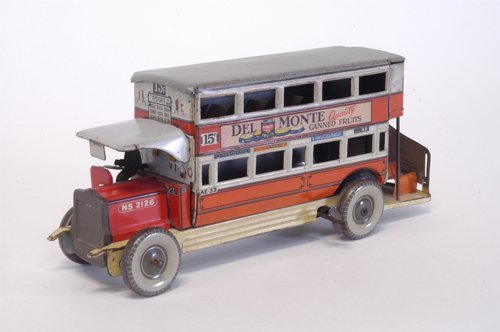 TIPPCO LONDON BUS: Germany, c. 1920's, lithographed tin double decker bus, typical of early London city travel, emblazoned with ad emblem on sides, rear railed stairway, enclosed upper deck, seated driver, clockwork dri