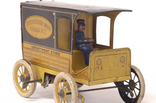 HANS EBERL ''ROTHSCHILD BROS.'' DELIVERY VAN: Germany, c. 1920's, lithographed tin, special factory department store promotional toy, enclosed van body, opening rear doors, seated figure, clockwork driven. 7 1/2'' long.