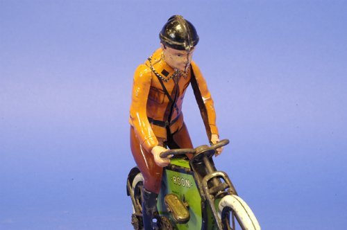 LEHMANN ''ROON'' MOTORCYCLE: scarce example, clockwork driven, rider depicted in brown outfit, black helmet, reads ''Roon'' on sides of frame, uniform paint is very strong, wear appears at wheels and front fork, green body is rem
