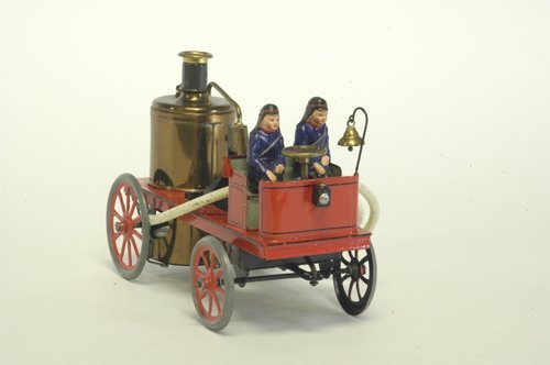 CARETTE LIVE STEAM FIRE PUMPER: Germany, circa 1911, includes partial box, beautifully hand painted open fire engine with two original figures, brass boiler heated by spirit lamp, white rubber hoses, oscillating cylinder and brass b