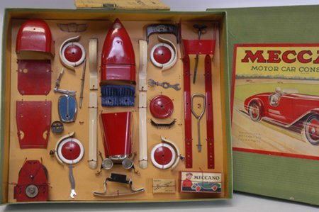 MECCANO BOXED RACE CAR CONSTRUCTOR: England, c. 1936, complete boxed set, includes bodies and appointments for assembly of Grand Prix racer and sports model, great paper label on lid. Box 15'' x 18''.