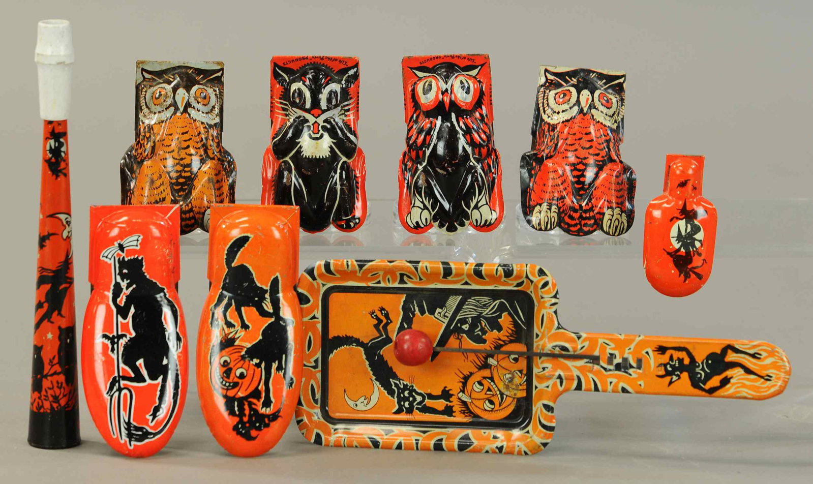 SEVEN CLICKERS, HORN AND CLANGER: 7. SEVEN CLICKERS, HORN AND CLANGER | Depicts cats, owls and witches. 2.5"-8.5" | (VG-Exc. Cond.) | $125 - $250