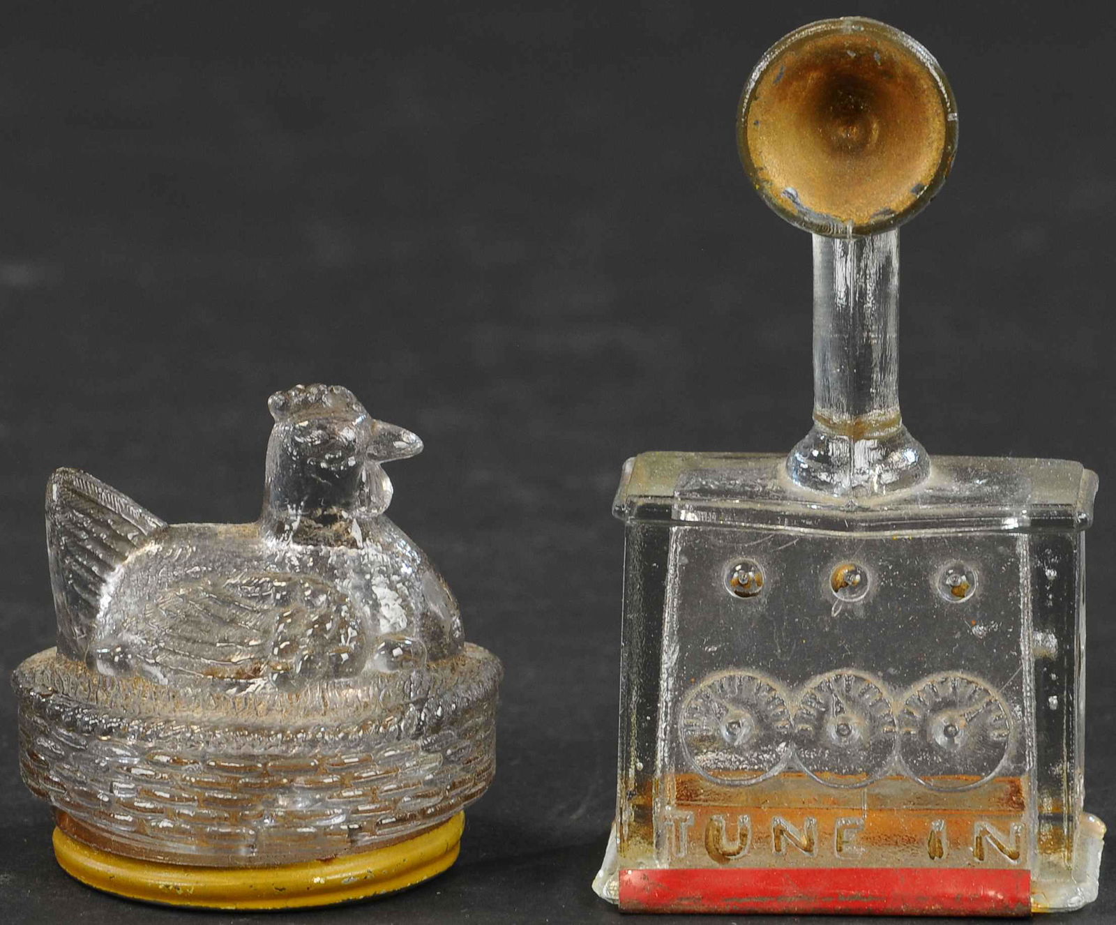 PHONOGRAPH & HEN ON NEST GLASS CANDY CONTAINERS (1 of 3)