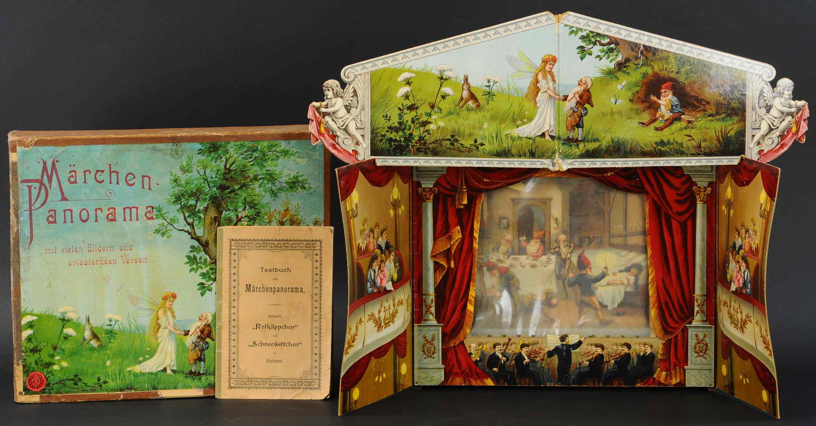 SNOW WHITE AND THE SEVEN DWARFS THEATER: 293. SNOW WHITE AND THE SEVEN DWARFS THEATER | Germany, circa 1900, the story of "Snow White" with movable paper strip. The diorama still retains its balcony seating side flaps and the colorful top ma