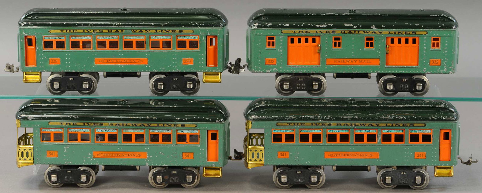 IVES LIONEL TRANSITION CARS: 197. IVES LIONEL TRANSITION CARS | Standard gauge, includes extra observation car. | Each 12" l. | Baggage car missing coupler, All Original Condition. | $400 - $800