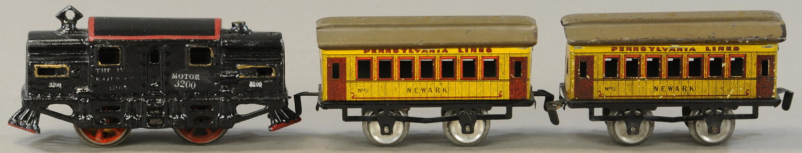 IVES 3200 LOCOMOTIVE AND CARS: 209. IVES 3200 LOCOMOTIVE AND CARS | O Gauge, electric. | Loco 6.5" l. | Motor pick up damaged and one axle needs replacing, loco is restored and has one pantograph broken and other repaired. | $150 -