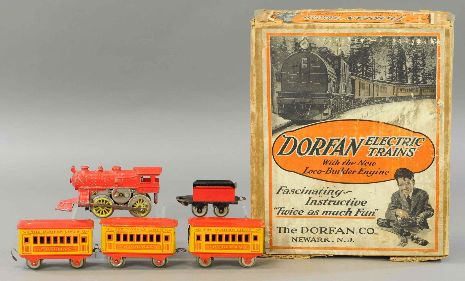 BOXED DORFAN PASSENGER GET: 219. BOXED DORFAN PASSENGER GET | Loco & tender 9.5" l. | Box has tears, trains in All Original Condition. | $200 - $400