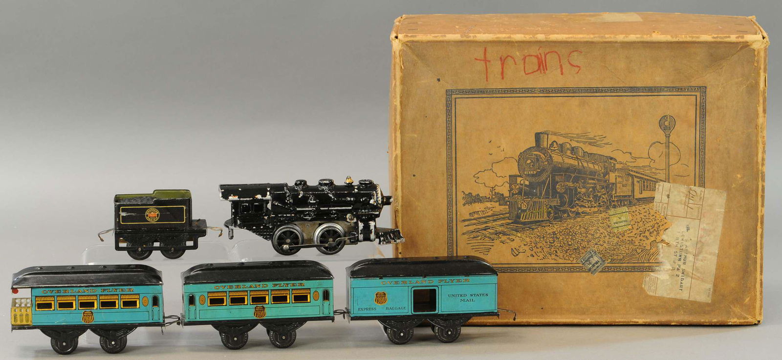 BOXED OVERLAND FLYER SET WITH ALUMINUM LOCOMOTIVE (1 of 4)